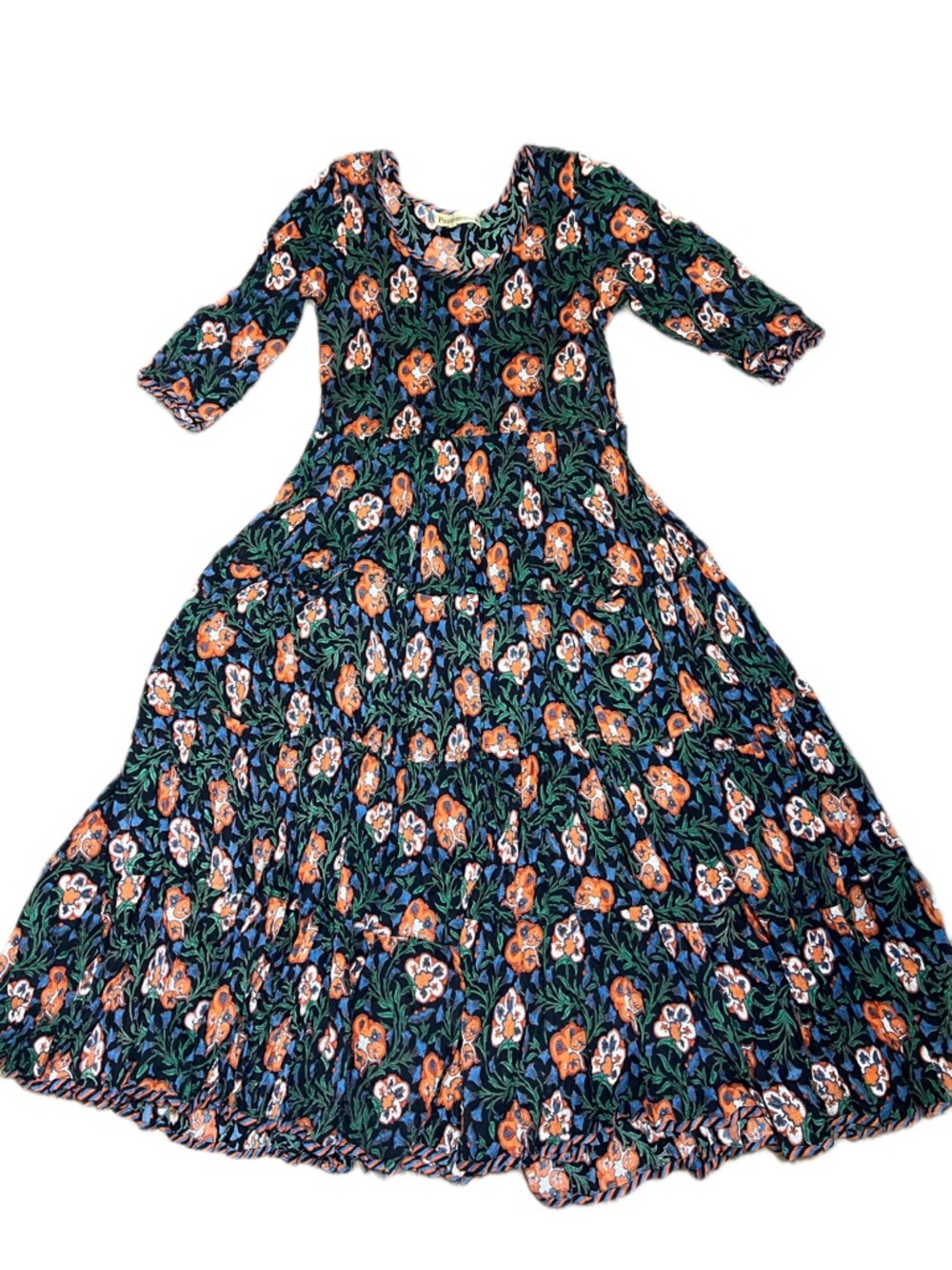 Passementrie Floral Tiered Midi Dress Boho Peasant Black Orange XS - Picture 5 of 12
